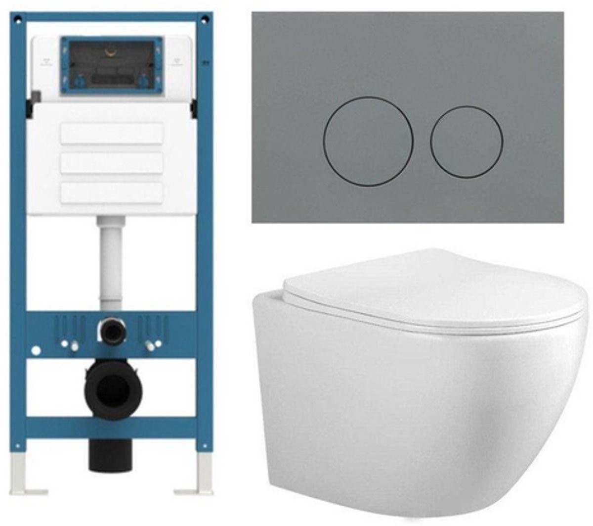 FugaFlow Eccelente Press Toiletset - 48.5x36x32cm - diepspoel - spoelrandloos - inbouwreservoir - softclose - quickrelease - toiletzitting - licht grijze kunststof bedieningsplaat - ronde knoppen - wit
