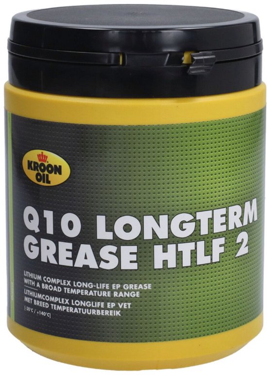 Grijze pot met gele band, zwarte deksel, met 'Kroon Oil' en 'Q10 Longterm Grease HTLF 2'.