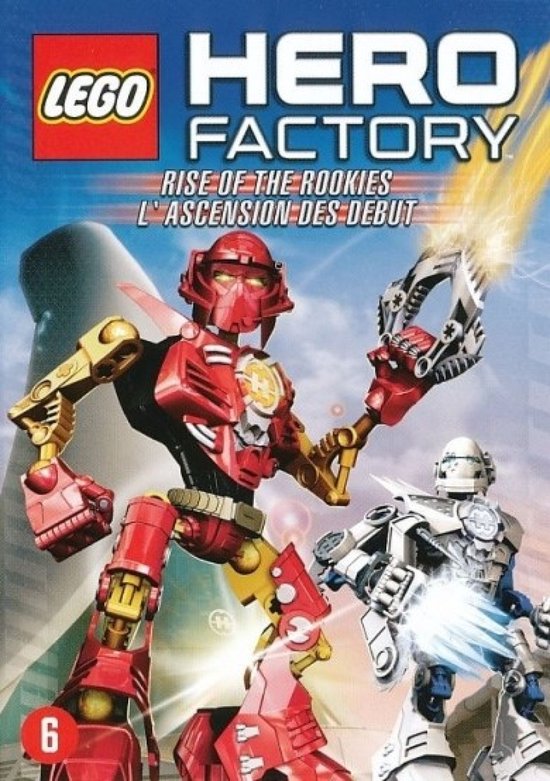 LEGO Hero Factory: Rise of the Rookies DVD. Rode en witte robotfiguren in actie met gele en blauwe energie-effecten.