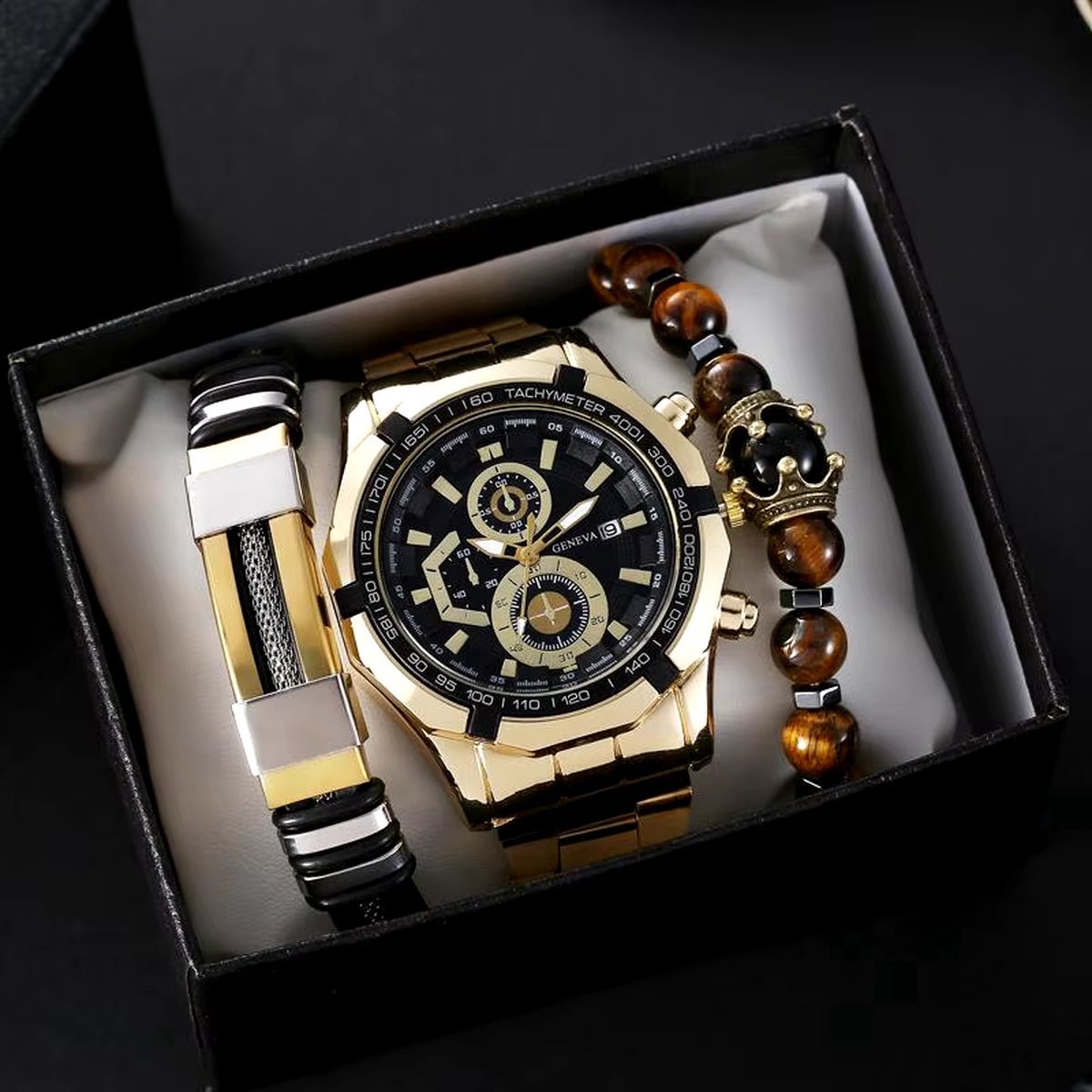 DRX Heren Quartz Horloge en armbanden - Polshorloge - Heren - Cadeau - Horloge - Geschenk - Mannen - goud en Zwart - Polsband zwart