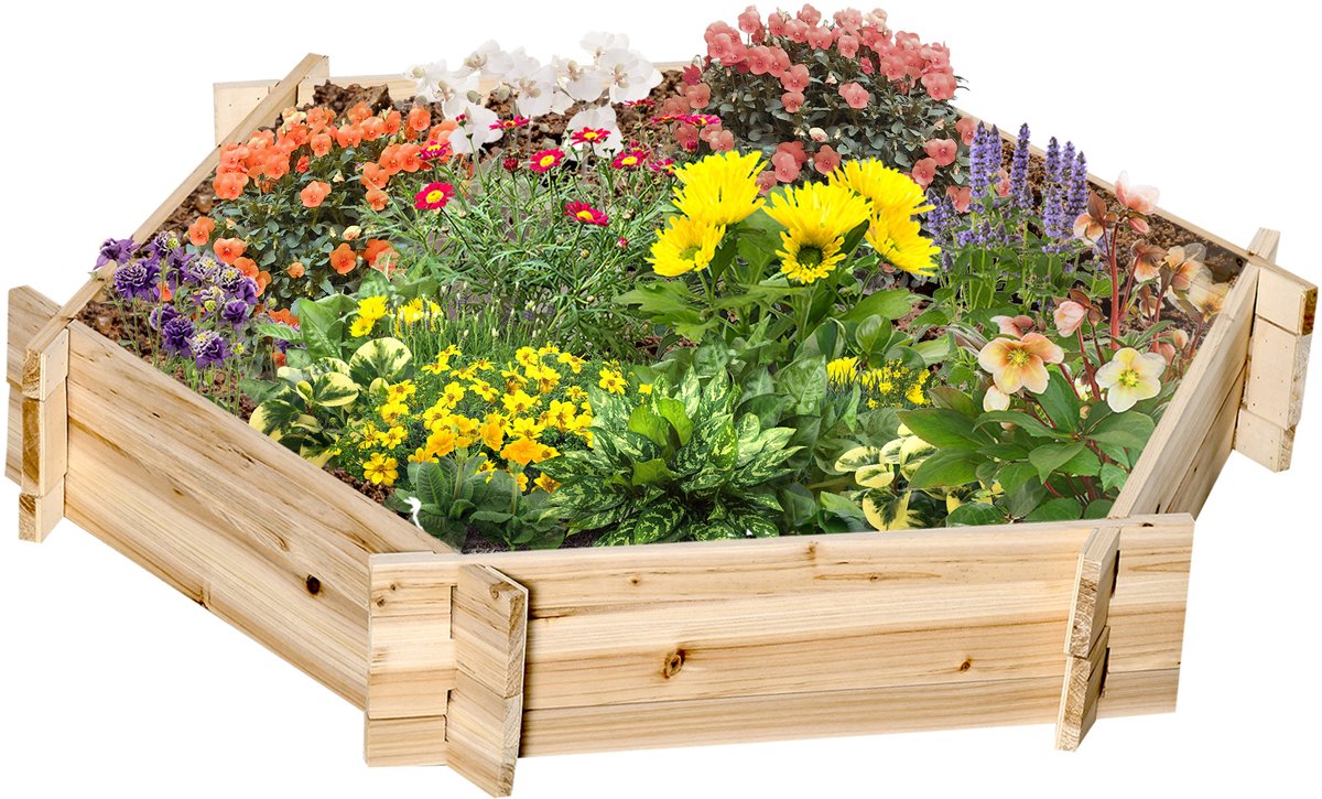 Killogood Zeshoekige verhoogde bak DIY plantenbak plantenbak van hout voor tuin balkon naturel 100 x 92 x 16 cm