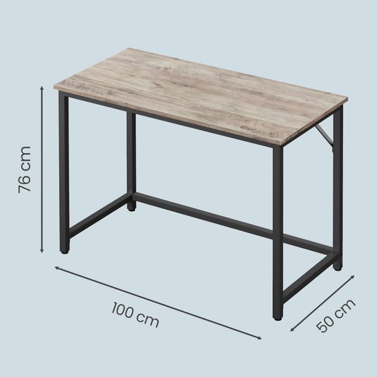 Bureau met lichtbruin houten blad en zwart metalen frame, met afmetingen 100x50x76 cm.