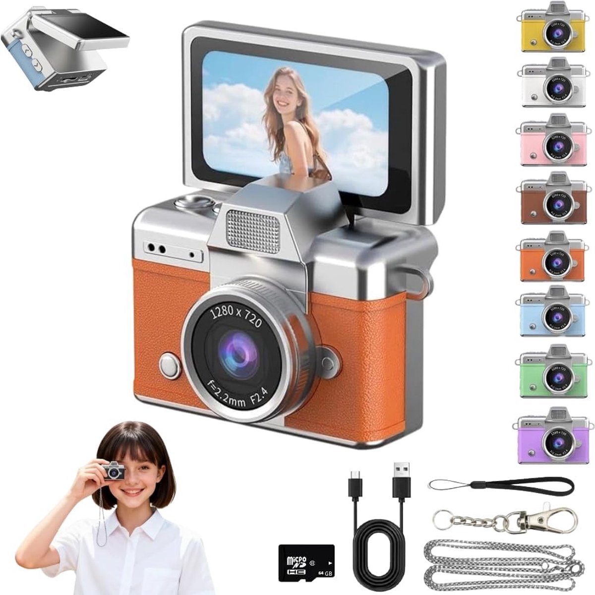 Fotocamera - Compact Camera - Voor Kinderen - Retro-Mini-Digitale-Camera - Sleutelhanger-Camera - 1080P-Full-HD - 0.96-Inch-IPS-Scherm - Inclusief-64GB-Kaart - 6-Filters - Vakantiecadeaus - Oranje