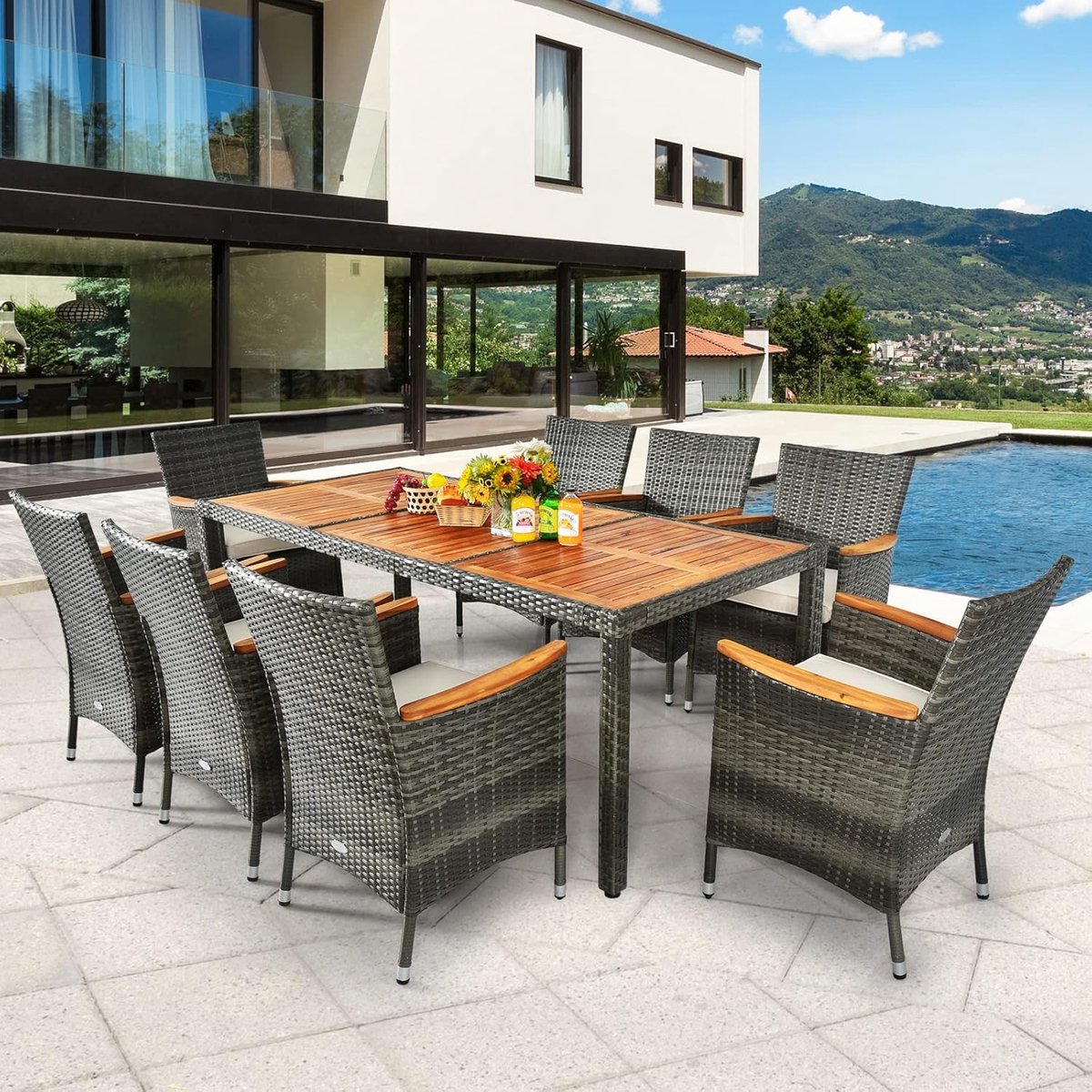 Grand Horizon Dining Lounge Set 9-Delig – Luxe Tuintafel met Acaciahouten Blad en 8 Stapelbare Rattan Stoelen – Inclusief Premium Zitkussens – Weersbestendig PE-Rotan – 190 x 91 x 74 cm