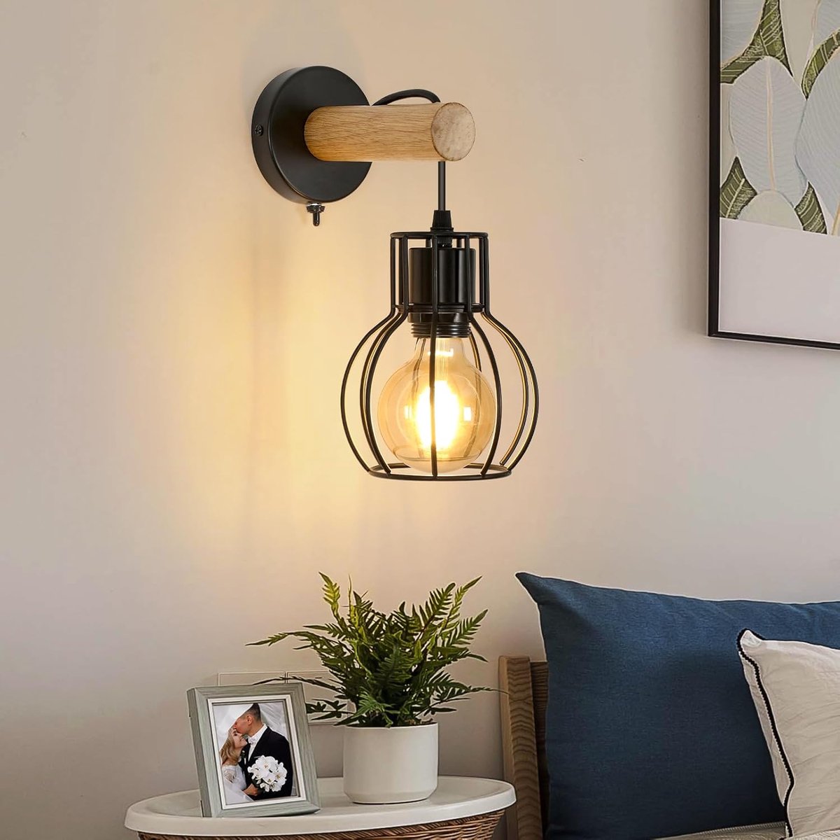 Haobosic Wandlamp - Rond Houten Basis - 28,5cm - E27 Fitting - Zonder Lichtbron - Zwart - Met Schakelaar - Modern Scandinavisch - Voor Woonkamer Slaapkamer