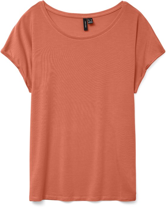 T-shirt corail à col rond large et manches courtes.