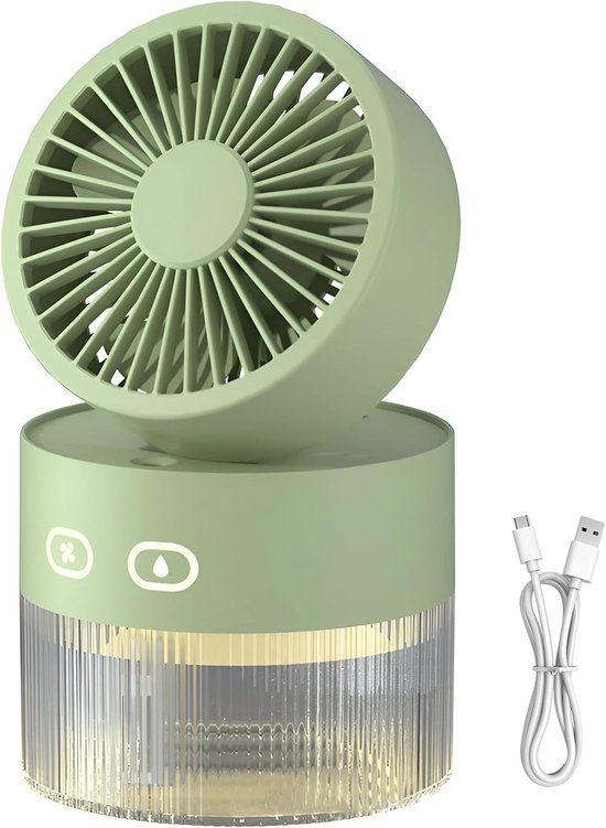 Draagbare mistventilator met 350ml tank, 3 snelheden, opvouwbaar, stil, nachtlampje, koelventilator groen