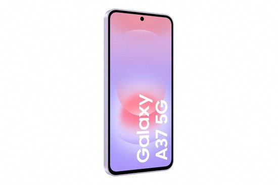 Paarse Samsung Galaxy A37 5G smartphone, diagonaal van voren, met scherm met paars-roze gradient.