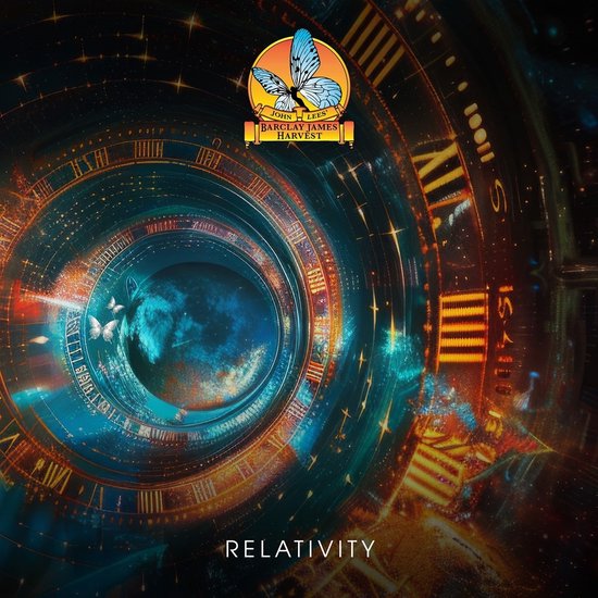 Album cover met tekst 'RELATIVITY' en logo van John, J. Lees, Barclay James Harvest. Een surrealistische tunnel van tijd.