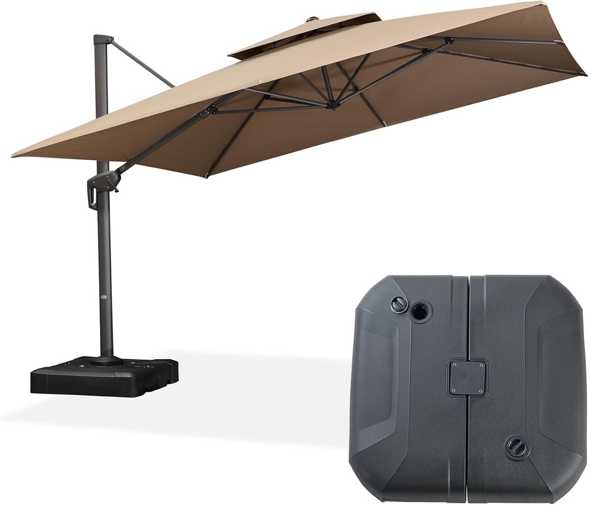 Zweefparasol 365x365 cm XXL Vierkant – 360° Draaibaar, Kantelbaar, Inclusief Parasolvoet, UV50+ Bescherming, Waterafstotend, Dubbel Dak, Aluminium Frame – Beige – Abkantoor