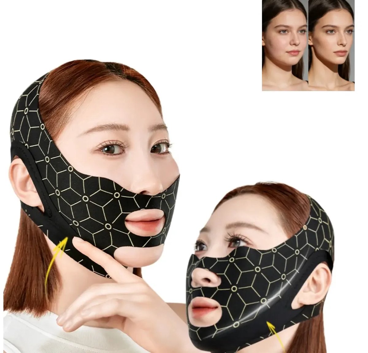 Gezichtsbandage - Kaaklijn Bandage - V Gezicht Bandage - Gezichtslift Bandage - Gezichtscontour Ondersteuning - Anti Slip - Dubbele Laag - Zwart