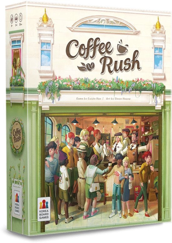 Doos van het bordspel Coffee Rush. Voorgevel van een koffiezaak met veel klanten.