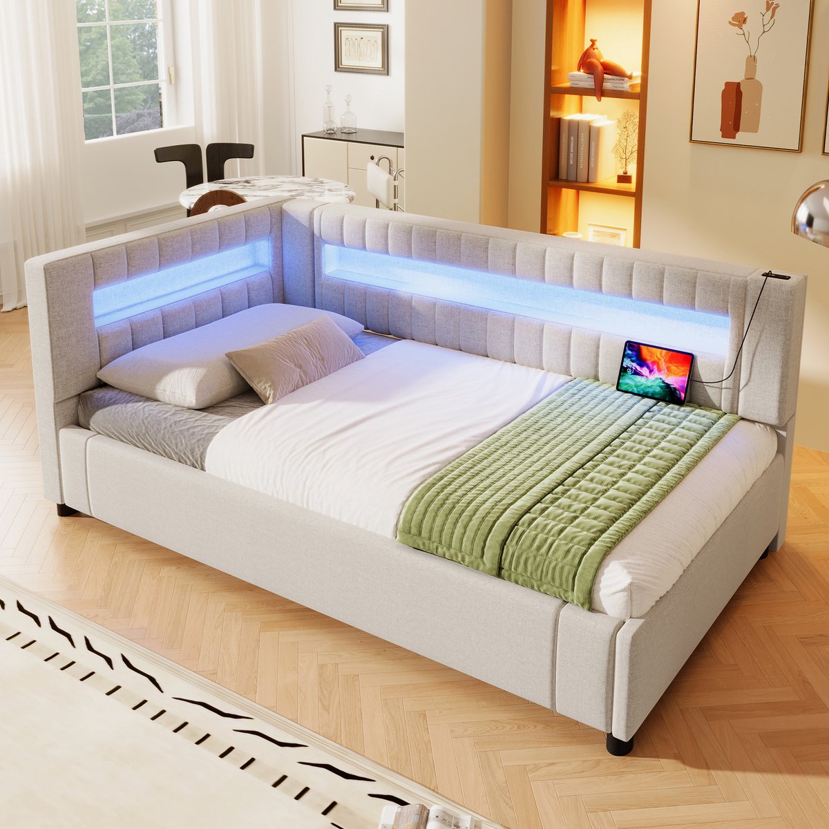 MODFU Bedframe 90x200 cm – Daybed met LED & hydraulisch – Beige linnen