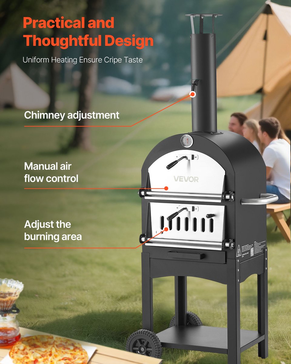 VEVOR Pizzaoven 12 Inch Pelletoven, 2-Laags Houtgestookte Pizzaoven, Houtgestookte Buitenoven met 2 Afneembare Wielen, Pizzamaker met Een Maximale Temperatuur van 540 °C voor Grillen – foto 8