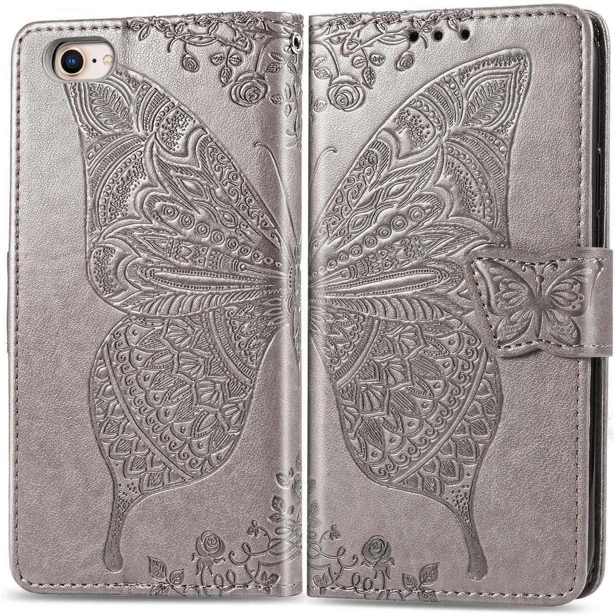 Mobigear Telefoonhoesje geschikt voor Apple iPhone 17e Hoesje | Mobigear Butterfly Bookcase Portemonnee | Pasjeshouder voor 3 Pasjes | Telefoonhoesje voor Pinpas / OV Kaart / Rijbewijs - Grijs