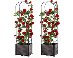 HoerFuriy Plantenbak met Klimrek Set van 2 - Zelfwaterend - 40x40x150cm - Verrijdbaar Klimplantenrek - Antraciet
