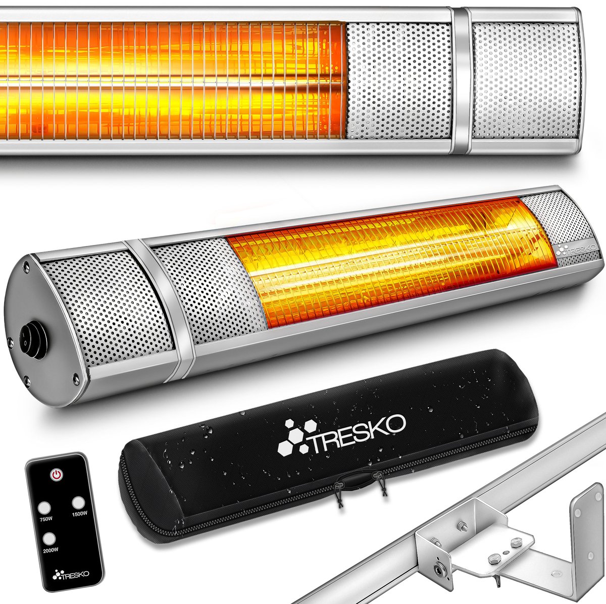 TRESKO infrarood warmtestraler, 2000 W, met afstandsbediening, elektrisch, voor op het terras, met 3 warmtestanden, terrasstraler, voor binnen en buiten, wandverwarming, infraroodstraler, straler voor de luiertafel