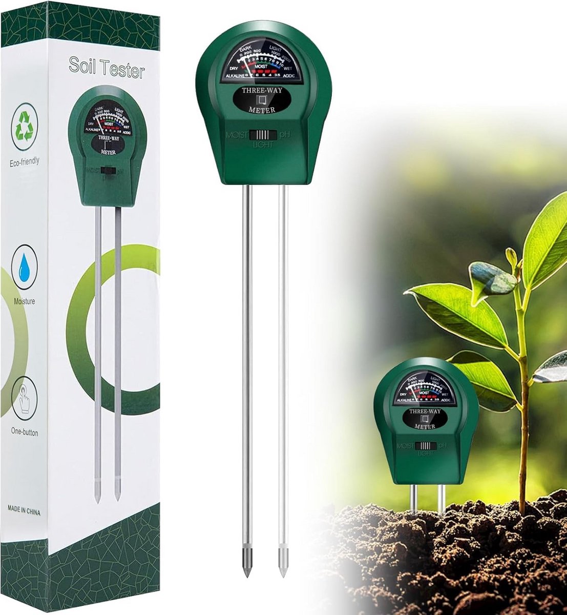 Bodemtester 3-in-1: Vochtigheid, pH en Zonlicht Meten