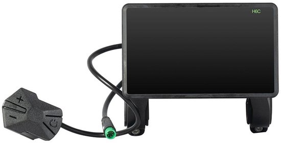 Zwart LCD scherm met de tekst "H6C" en een grijze bedieningsunit met plus- en min-tekens.