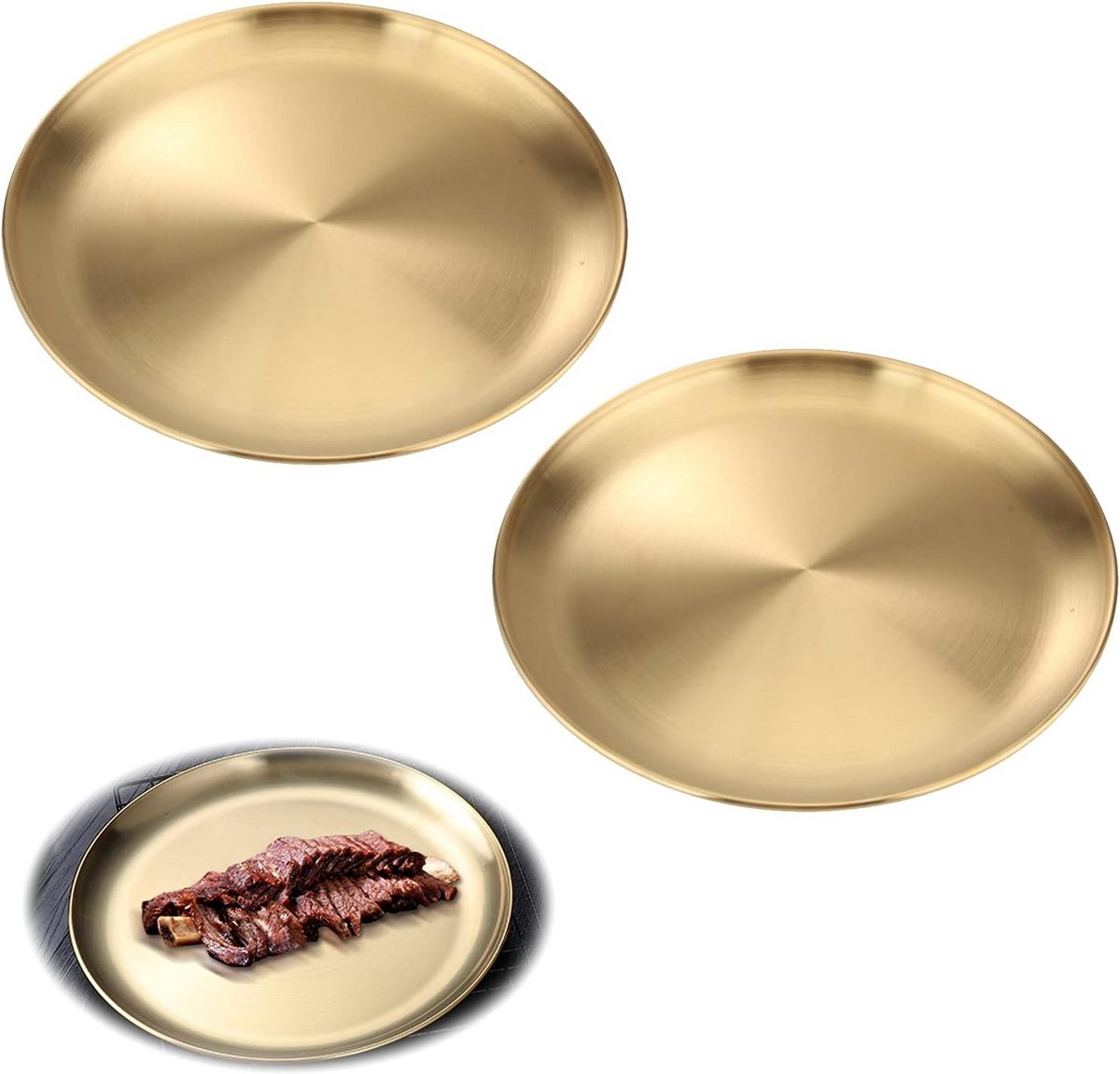 Set van 2 Ronde Gouden RVS Borden en Schalen - Buffet en Kampeergebruik