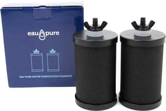 Twee zwarte Eaupure waterfiltercilinders met schroefdoppen, naast een open kartonnen doos met logo en "EAU PURE WATER PURIFICATION ELEMENTS".