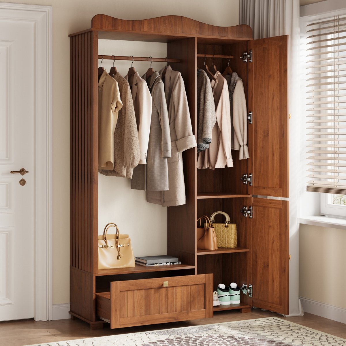 OKWISH Garderobekast - Met Spiegel En Open Kledingstang - Voor Slaapkamer En Hal -115,5×38,5×194,5 cm -MDF - Walnootkleur Notenhout