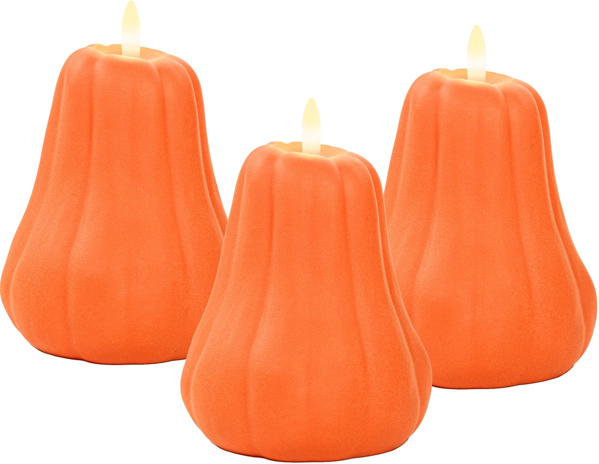 Anna's Collection LED pompoen kaars - 3x - oranje - D13 x H11 cm - met timer