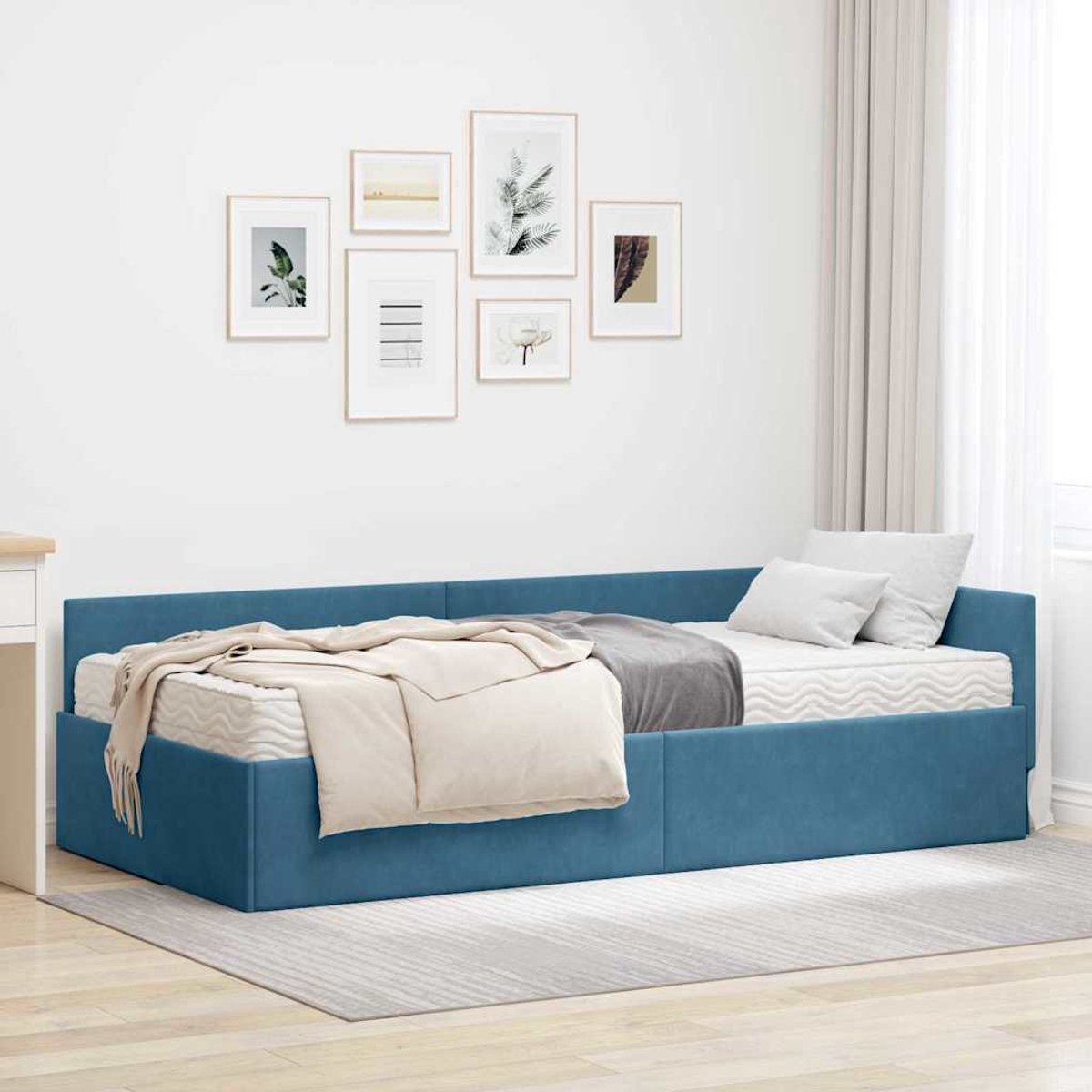 vidaXL - Hoekbedframe - met - Matras - Anders - 2 - st - Blauw - Fluweel