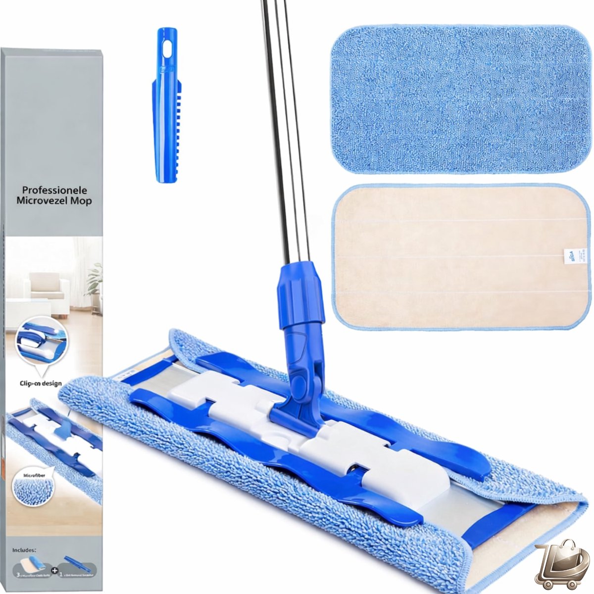 Microvezel Vloerwisser Set met 3 Herbruikbare Dweildoeken en Vuilschraper - Uitschuifbare RVS Telescoopsteel - Geschikt voor Houten Vloeren, Tegels en Harde Vloeren - Professionele Vloermop voor Grondige Reiniging