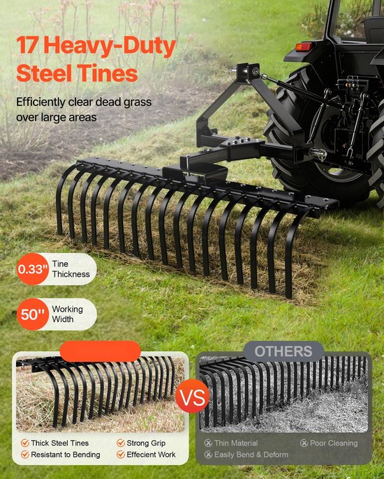 Hooihark voor tractor - Landhark 3-puntsophanging Categorie 1 - Werkbreedte 127 cm - 17 Stalen Tanden - In Hoek Verstelbaar - Voor Gras, Takken en Maaisel — afbeelding 4