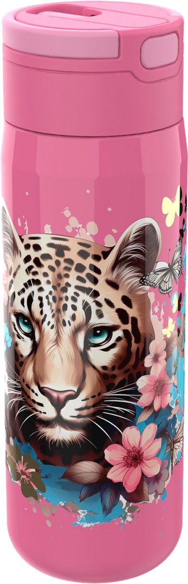 Lunch Buddies luipaard - bloemen & vlinders drinkfles - met drinkrietje - dubbelwandig - houdt 12u koud - roestvrij staal - 500 ml - sluit goed af - drinkfles voor kinderen - bpa-vrij - roze