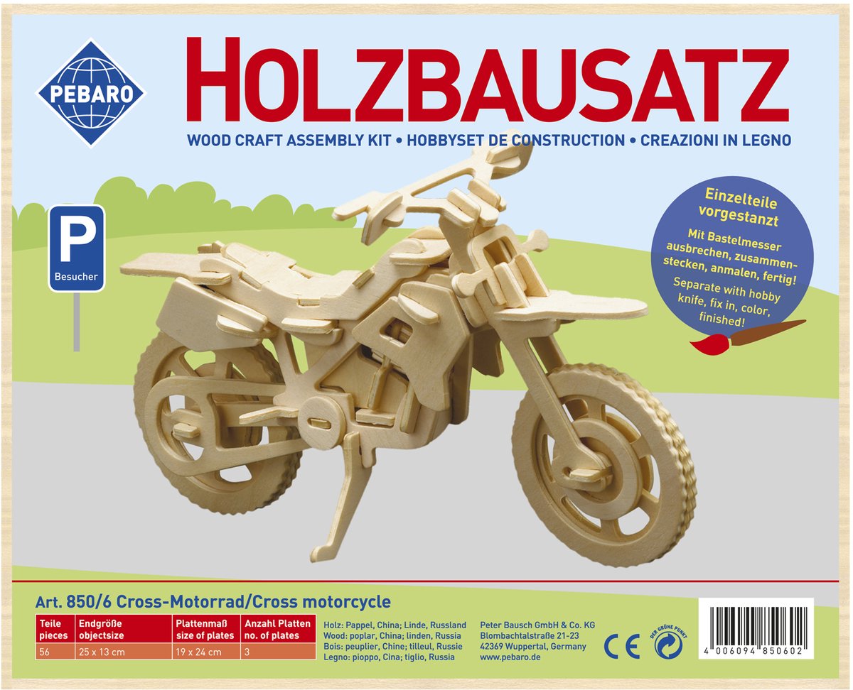 Pebaro houten bouwset motorcrosser modelbouw 3D puzzel.