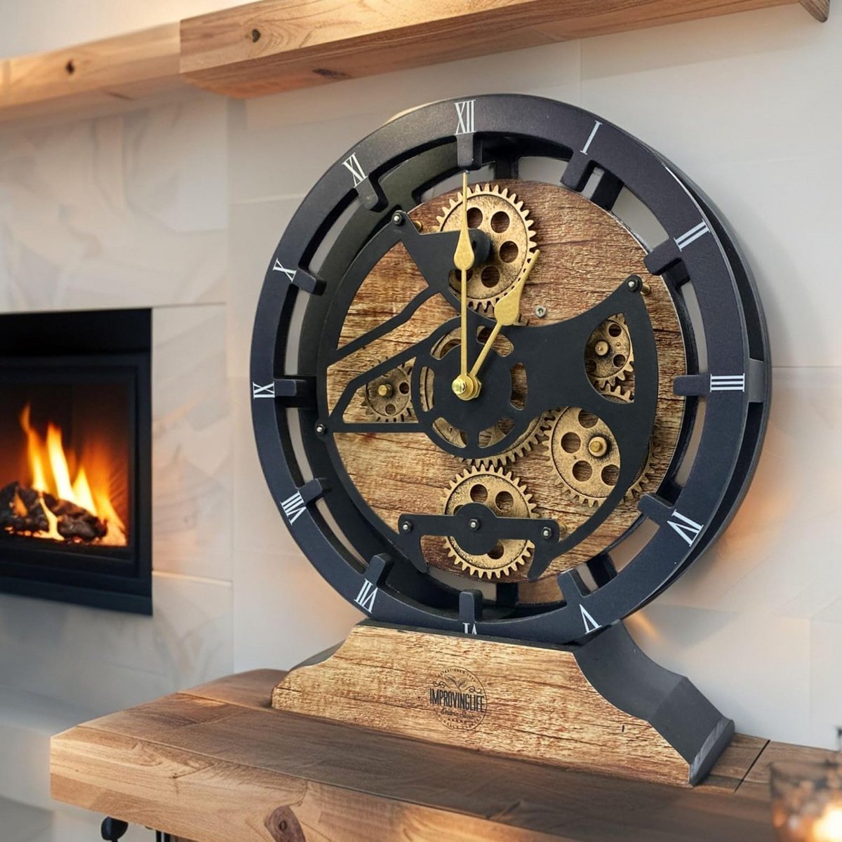 Mechanische Tandwielen Klok - Tafelklok Wandklok - 25 cm - Vintage Bruin