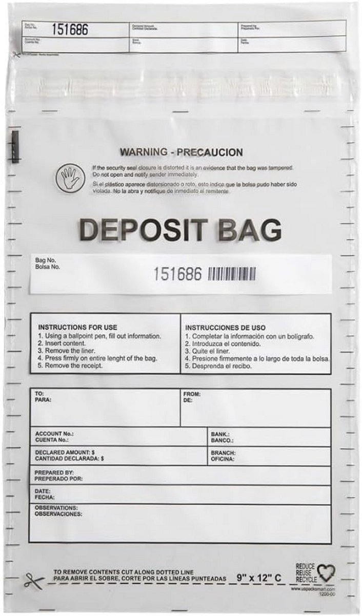 Doorzichtige Depositobags voor Geldtransport en Bankstortingen (9x12 inch, 100 stuks)