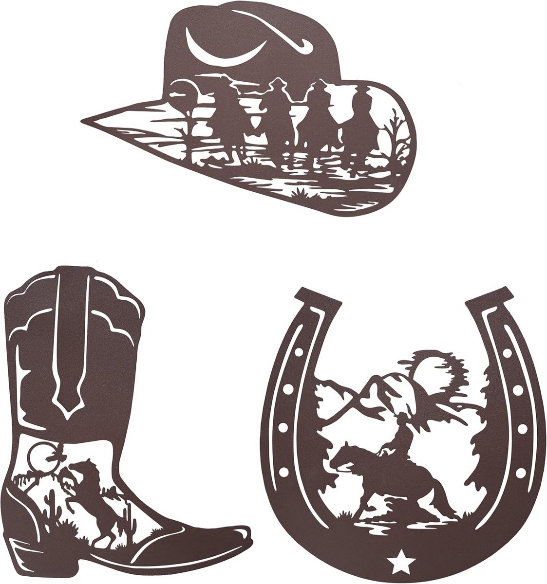 Wanddecoratie Set 3: Cowboy Laarzen Hoefijzer en Western Hoed Metaal