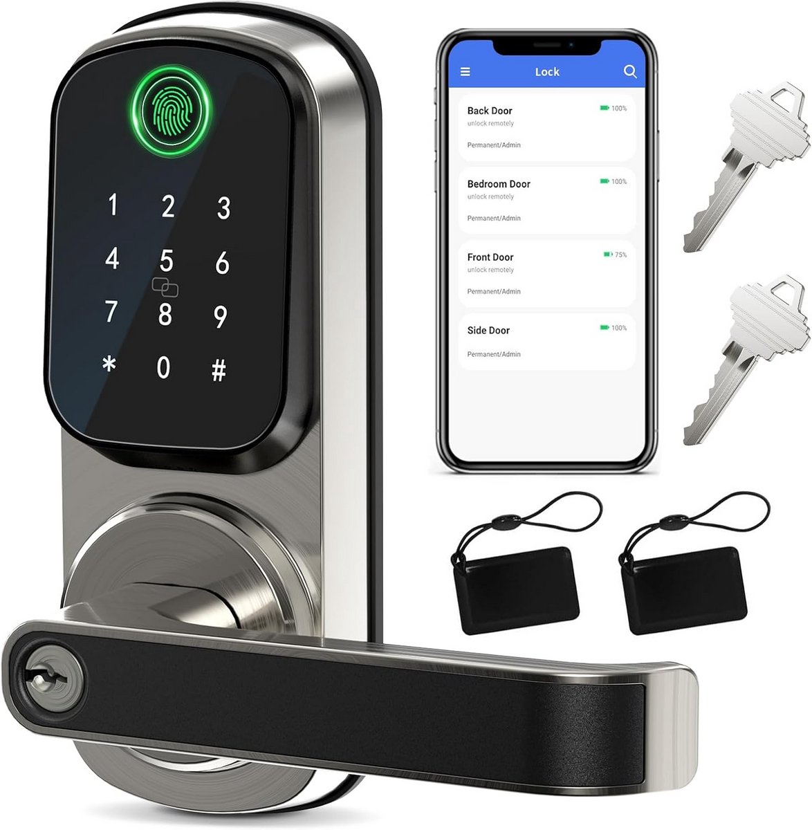 Slim Deurslot met Handgreep, Keyless Toegang via Vingerafdruk, Code of App