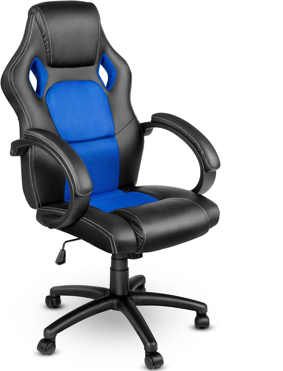 TRESKO® Racing directeursstoel bureaustoel draaistoel 14 kleurvarianten, gevoerde armleuningen, wipmechaniek, liftsysteem SGS-getest (zwart/blauw)