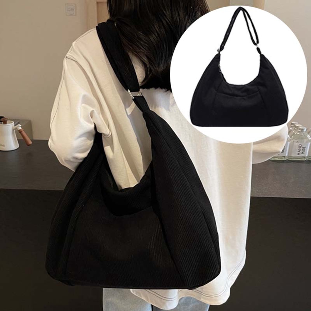 Dames Handtas - 44×15×39cm - Ribfluwelen Schoudertas & Uniseks Tote Bag - Met Verstelbare Schouderriem - Voor Dagelijks Gebruik (Zwart)