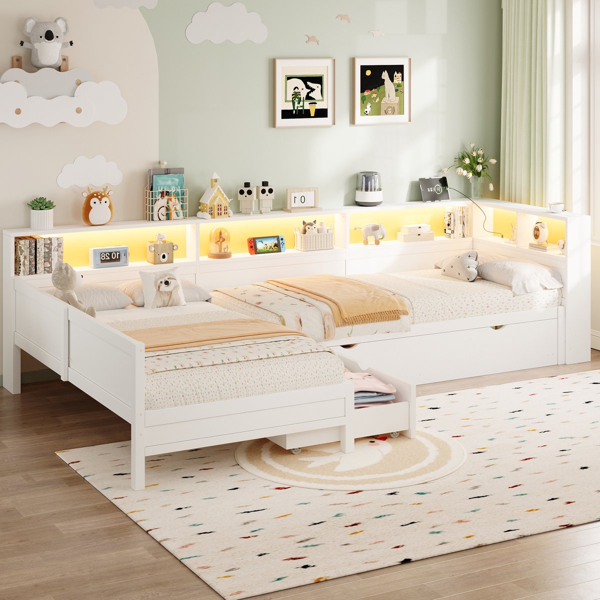 MODFU Bedframe 90x200 cm van MDF en multiplex – L-vorm met uitschuifbed en lade – wit – slimme opbergoplossing