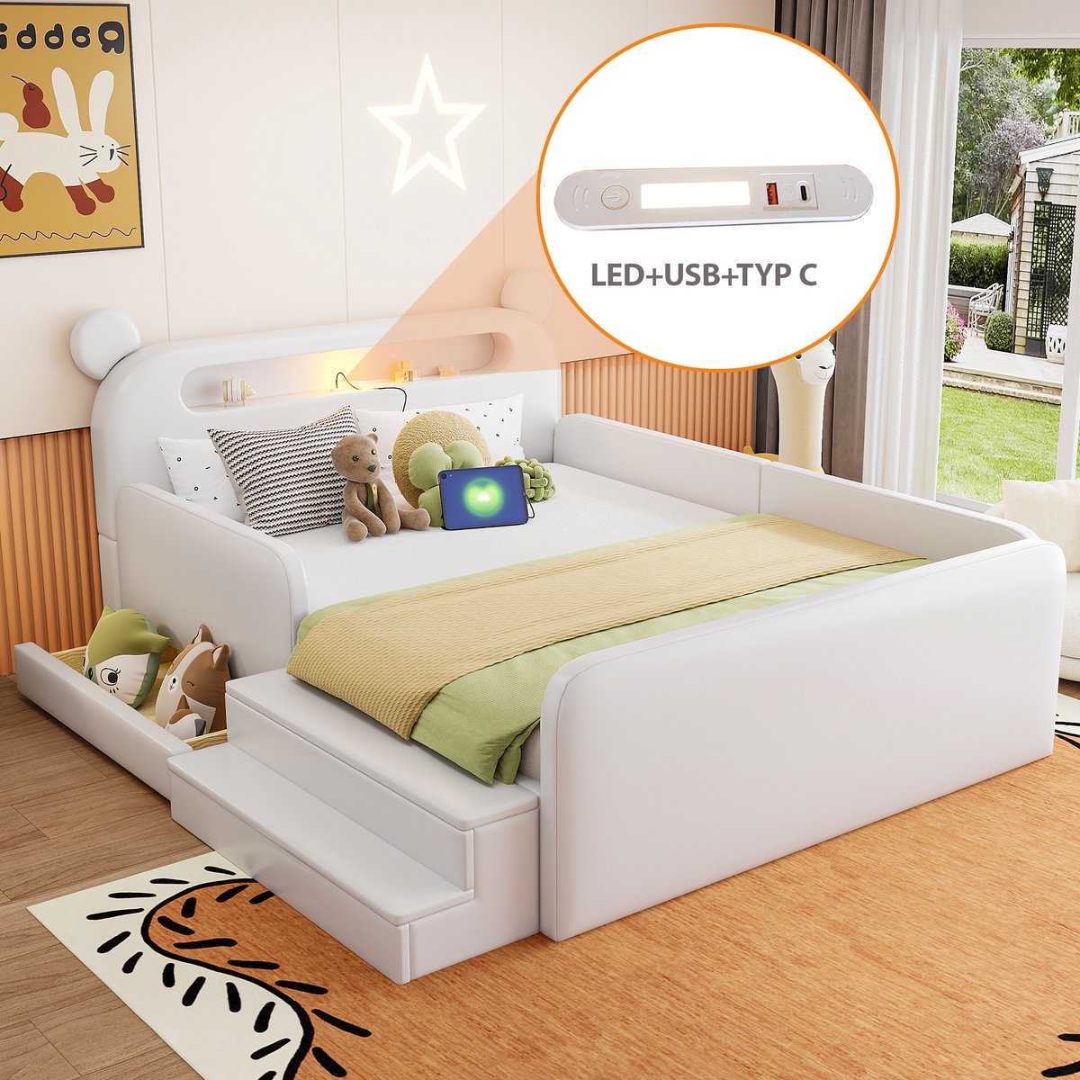 MODFU Kinderbed 140x200 cm – Berenvormig hoofdbord met nachtlampje & USB – Wit kunstleer