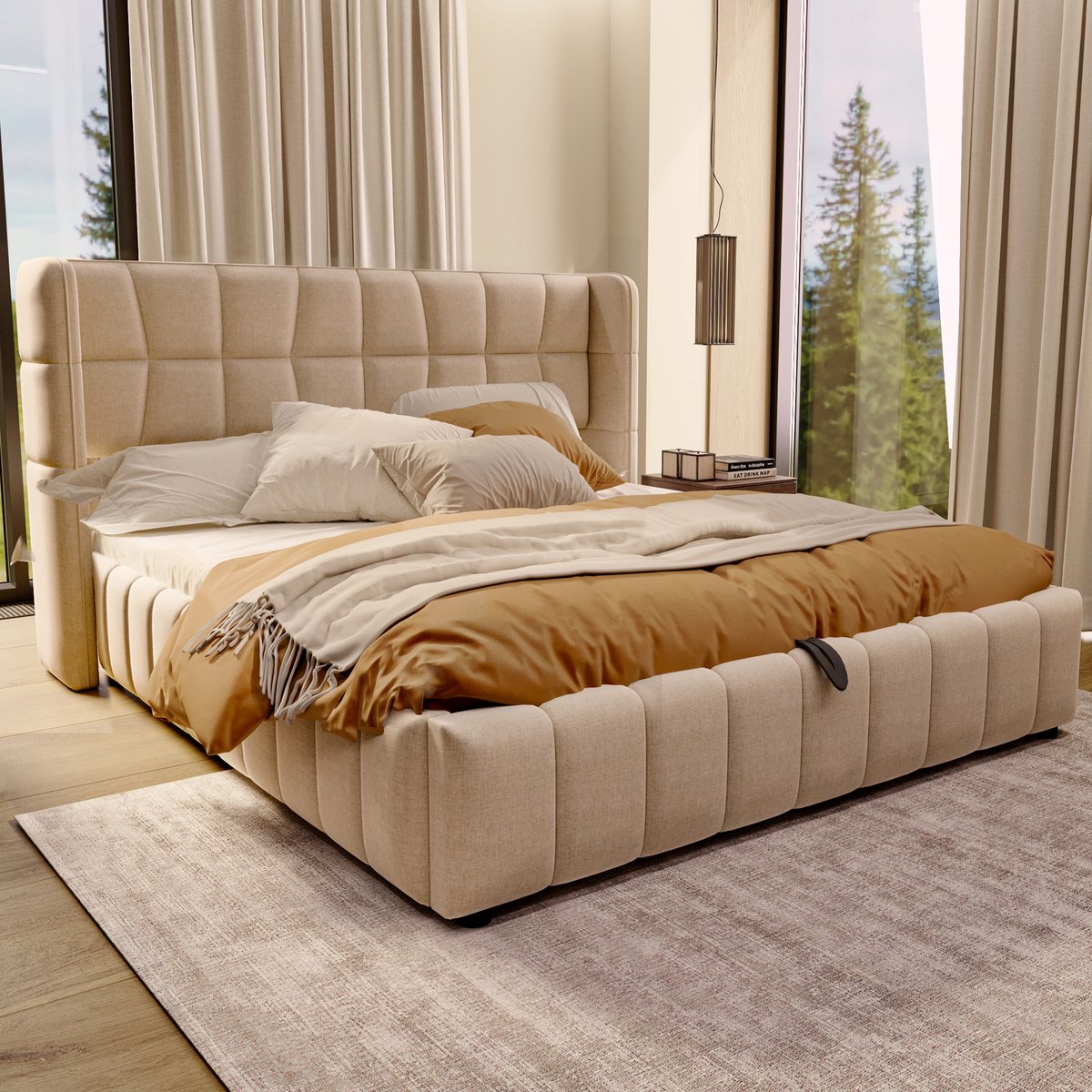 MODFU Bedframe 180x200 cm, gestoffeerd in beige linnenlook, met opbergruimte en lattenbodem