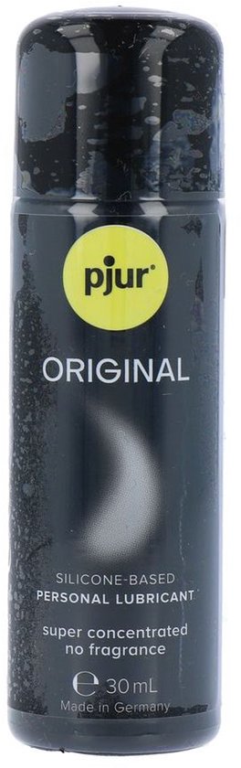 Zwarte fles pjur ORIGINAL, met gele cirkel logo. Siliconen glijmiddel, 30 ml. Gemaakt in Duitsland.