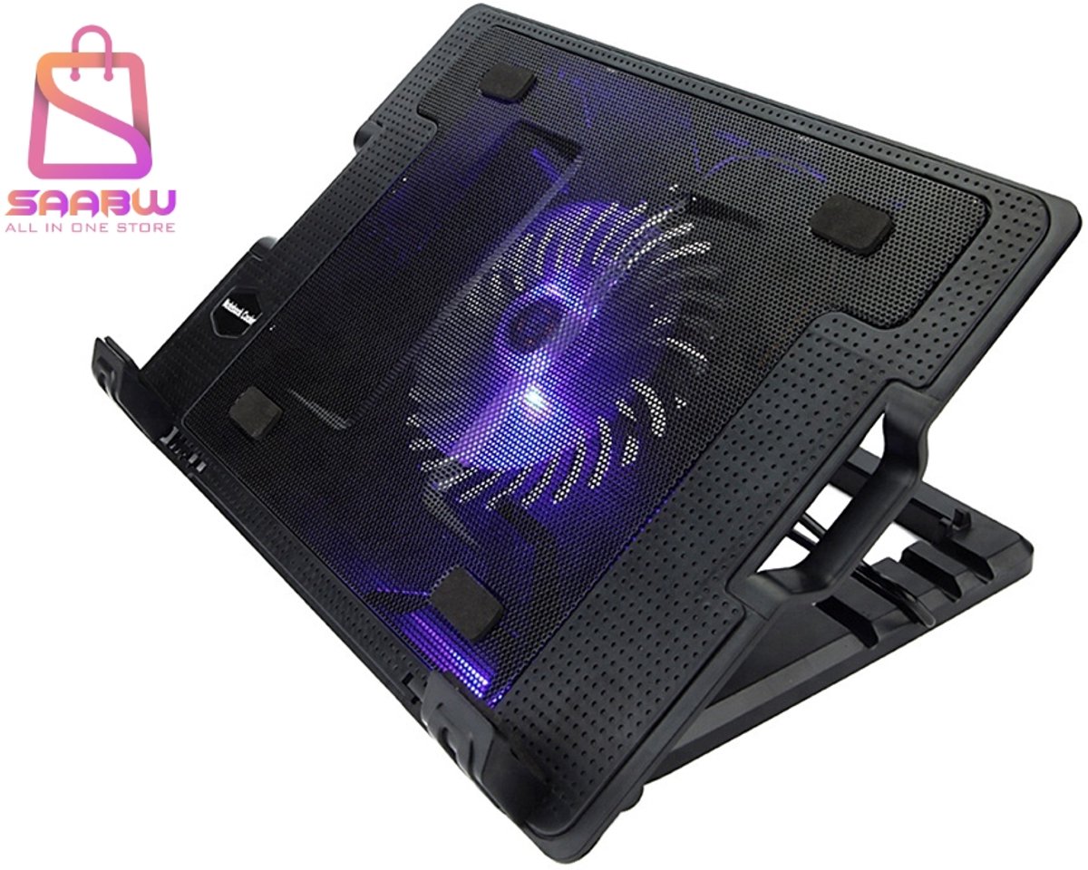 Laptop Koelpad 9-17 Inch met LED Verlichting – Verstelbaar –1 Grote Ventilator 12 cm – 2x USB – Zwart – Verstelbare Hoek (20°-40°) – koelstandaard laptop – laptop standaard met ventilator – 17 inch laptop koeler – verstelbare laptop standaard – 21393