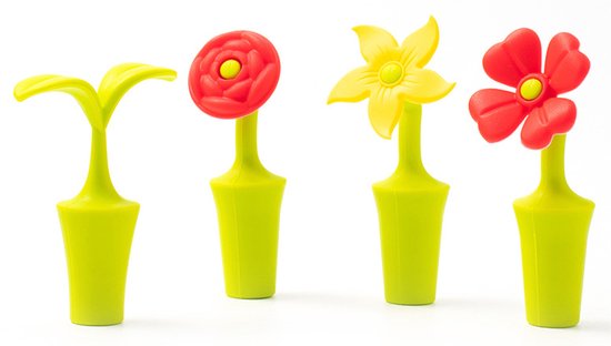 Vier groene wijnstoppers met bloemvormige toppen: groene blaadjes, rode roos, gele bloem en rode papaver.