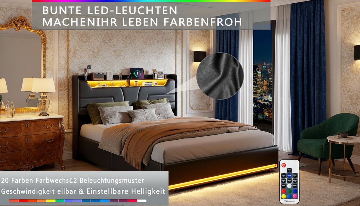 Opbergbed Tweepersoons 140x200 cm – Casa Velluto Nero Luxe PU Bedframe met LED-verlichting, USB-poort en Hydraulische Opbergruimte – Modern Zwart Gestoffeerd Bed met Lattenbodem