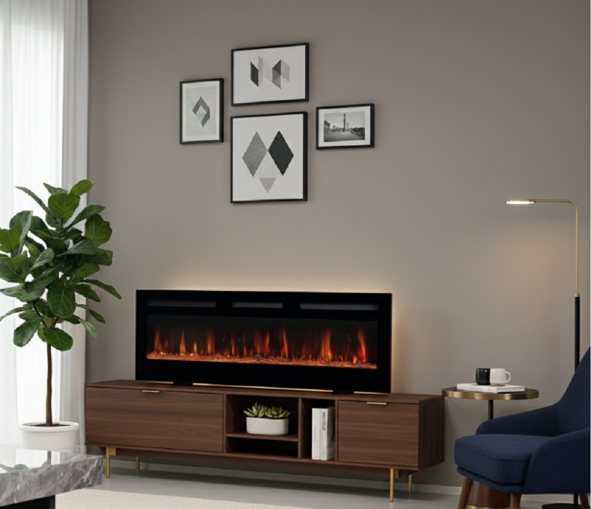 Elektrische open haard Casa Velluto Marlon – 3-in-1 36 inch wand-, inbouw- en vrijstaande haard met verwarming, 3D LED-vlameffect, 12 vlamkleuren, afstandsbediening, dimmer en timer – Modern Zwart