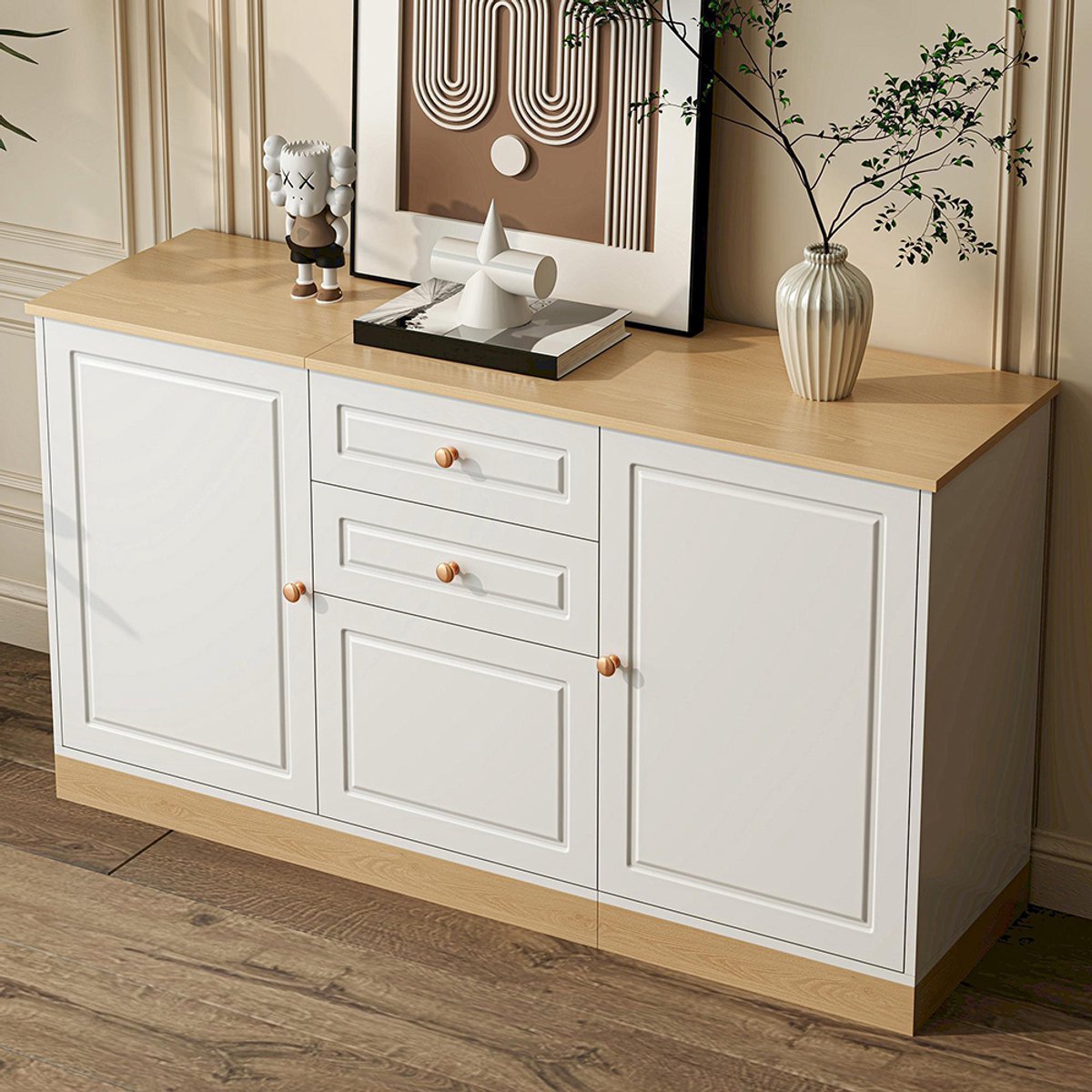 KOMHTOM BLACKCOLORS Buffetkast, drie deuren, dubbele lade, geschikt voor de woonkamer en eetkamer, multifunctioneel opbergmeubel. Wit