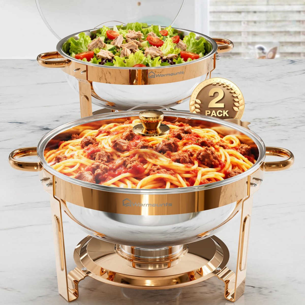 MakkelijkMooi Rosé Vergulde Buffetset met Glazen Deksel - Ronde Chafing Dish - Buffetwarmer 2 stuks - ServeerSet voor Feesten en Banketten
