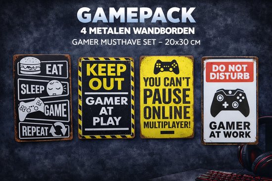 Gamer Set – 4 Metalen Wandborden – Gamekamer Decoratie – 20×30 cm