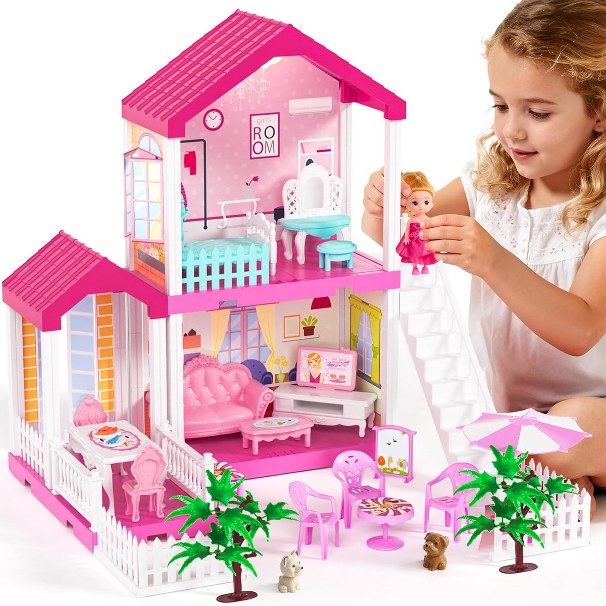 Groot Poppenhuis Speelgoed Villa met Trap voor Kinderen